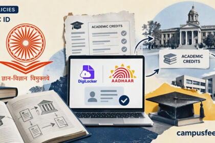 UGC ABC ID explainer with official UGC emblem, academic credit flowchart, DigiLocker and Aadhaar verification cues for Indian college students in 2026