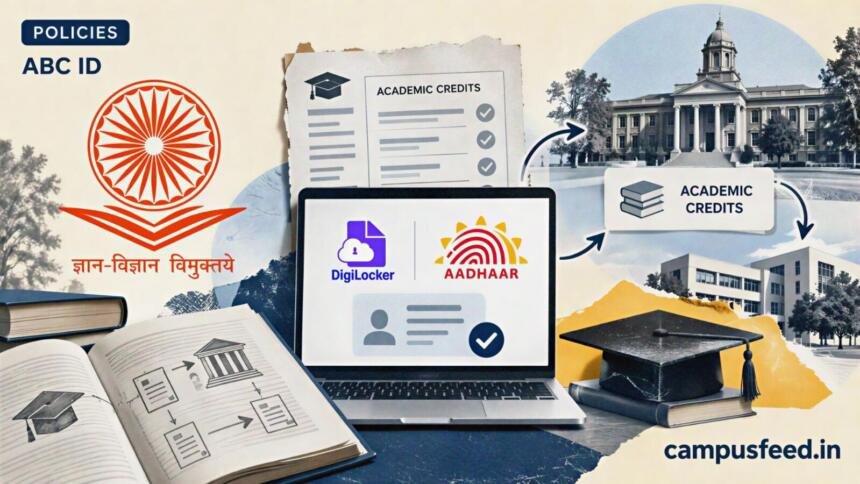 UGC ABC ID explainer with official UGC emblem, academic credit flowchart, DigiLocker and Aadhaar verification cues for Indian college students in 2026