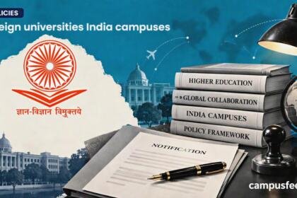 UGC foreign universities India campuses policy shown through an official UGC emblem, halftone policy files, fountain pen and government notification desk