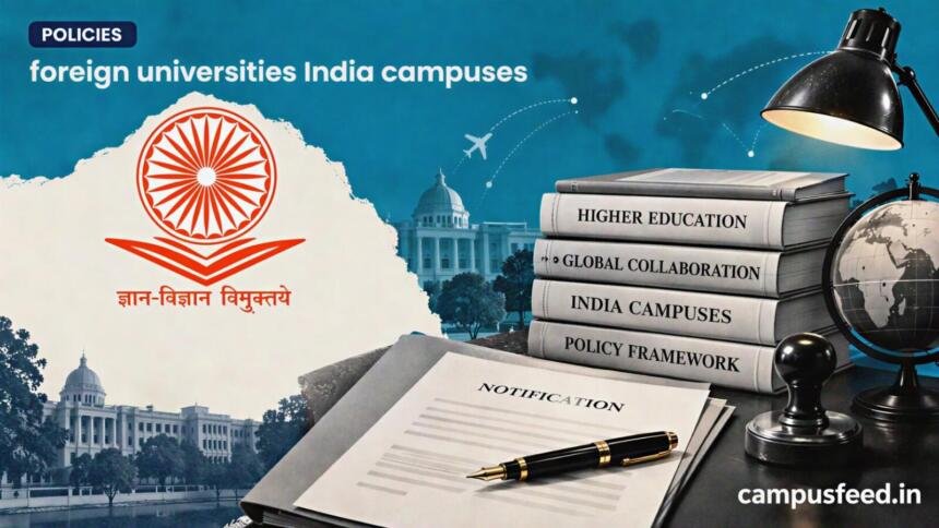 UGC foreign universities India campuses policy shown through an official UGC emblem, halftone policy files, fountain pen and government notification desk