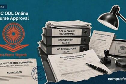 UGC ODL online course approval policy files beside the official UGC emblem and DEB recognition documents for the 2026-27 academic year