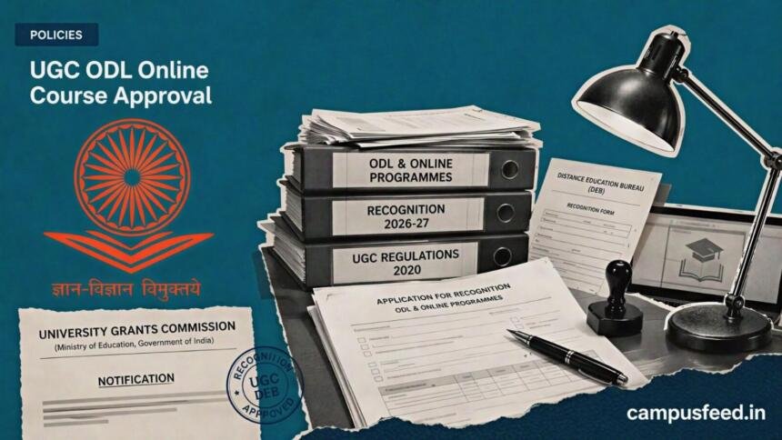 UGC ODL online course approval policy files beside the official UGC emblem and DEB recognition documents for the 2026-27 academic year