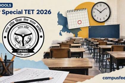 UPESSC exam hall with empty desks and official commission emblem for UP Special TET 2026 registration and November eligibility test