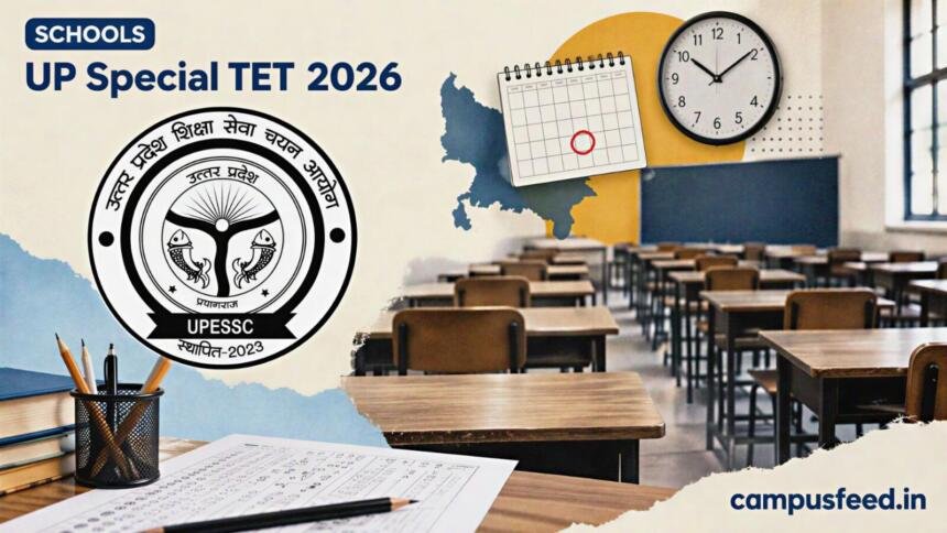 UPESSC exam hall with empty desks and official commission emblem for UP Special TET 2026 registration and November eligibility test