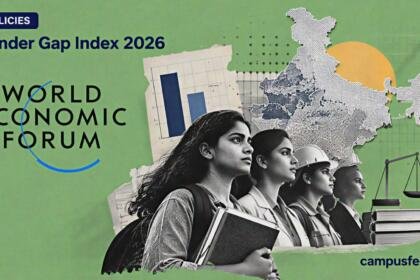 Gender Gap Index 2026 India data visual with WEF branding, India map, and restrained education, jobs and leadership parity graphics