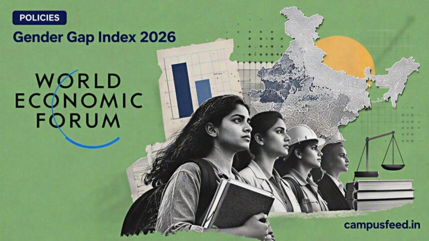 Gender Gap Index 2026 India data visual with WEF branding, India map, and restrained education, jobs and leadership parity graphics