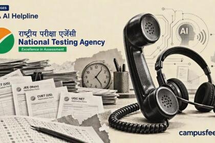 NTA AI helpline concept showing a halftone telephone headset and exam application forms for NEET UG, JEE Main, CUET and UGC NET candidates