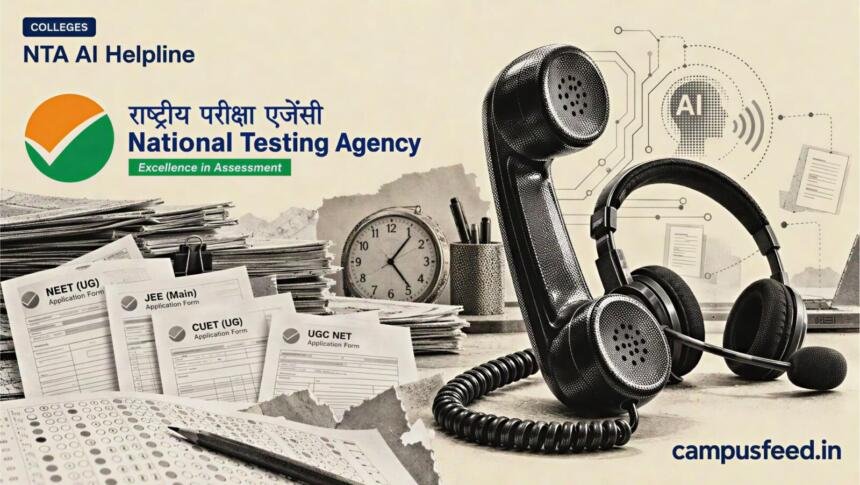 NTA AI helpline concept showing a halftone telephone headset and exam application forms for NEET UG, JEE Main, CUET and UGC NET candidates