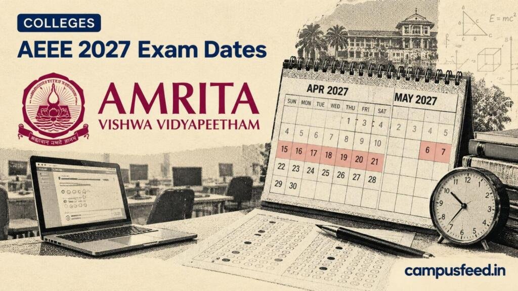 AEEE 2027 Exam Dates illustrated through a halftone examination calendar, computer-based testing equipment and Amrita Vishwa Vidyapeetham admission materials on a cream background