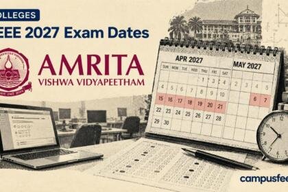 AEEE 2027 Exam Dates illustrated through a halftone examination calendar, computer-based testing equipment and Amrita Vishwa Vidyapeetham admission materials on a cream background