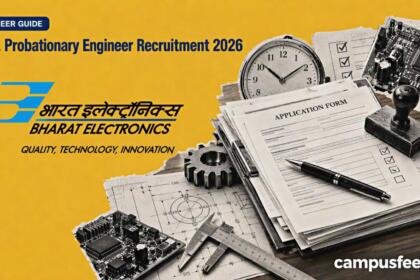 BEL Probationary Engineer Recruitment 2026 represented by an engineering application document stack, mechanical components, electronic circuit boards and Bharat Electronics Limited branding