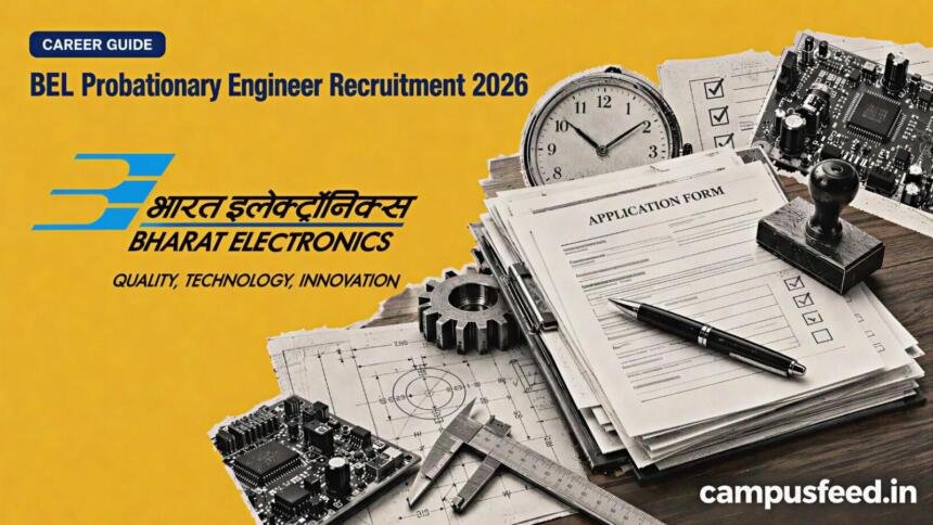 BEL Probationary Engineer Recruitment 2026 represented by an engineering application document stack, mechanical components, electronic circuit boards and Bharat Electronics Limited branding