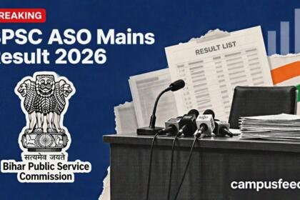BPSC ASO Mains Result 2026 announcement with an official Bihar Public Service Commission emblem, halftone press conference podium and merit-list documents