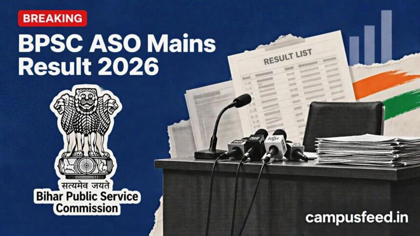BPSC ASO Mains Result 2026 announcement with an official Bihar Public Service Commission emblem, halftone press conference podium and merit-list documents