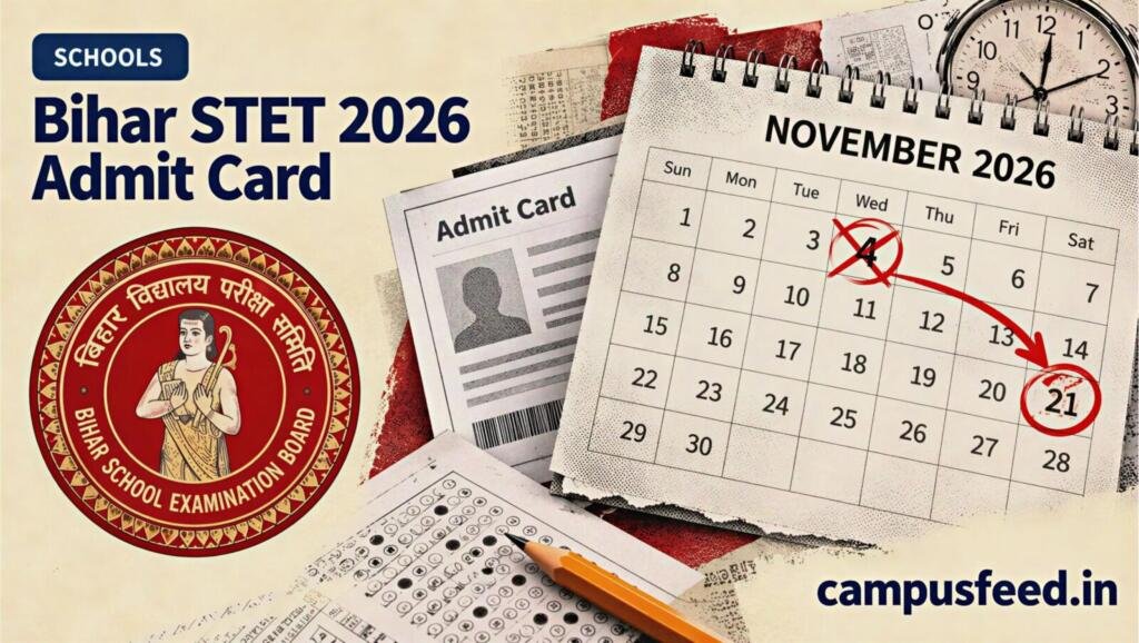 Bihar STET 2026 Admit Card update illustrated with a halftone examination calendar showing the November 4 rescheduling to November 21 alongside BSEB branding