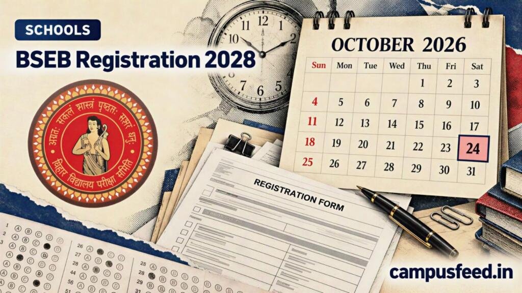 BSEB registration 2028 editorial collage featuring a school registration form, calendar, examination documents and Bihar Board registration deadline information for Class 9 and 11