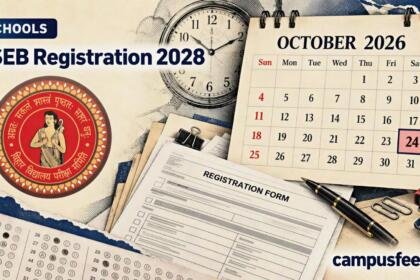 BSEB registration 2028 editorial collage featuring a school registration form, calendar, examination documents and Bihar Board registration deadline information for Class 9 and 11