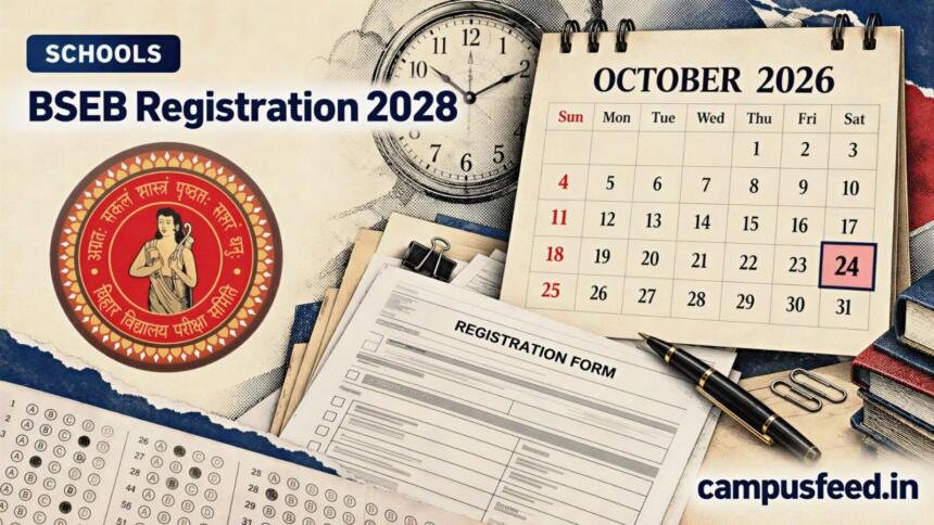 BSEB registration 2028 editorial collage featuring a school registration form, calendar, examination documents and Bihar Board registration deadline information for Class 9 and 11