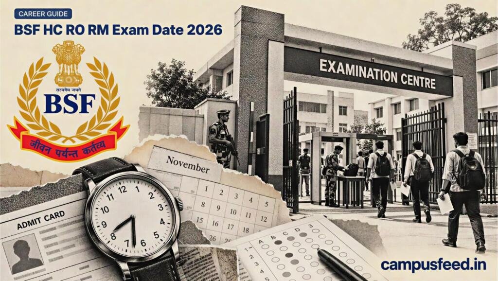 BSF HC RO RM exam date 2026 illustrated with a halftone examination centre entrance, Border Security Force emblem, admit card and clock