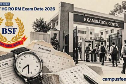 BSF HC RO RM exam date 2026 illustrated with a halftone examination centre entrance, Border Security Force emblem, admit card and clock