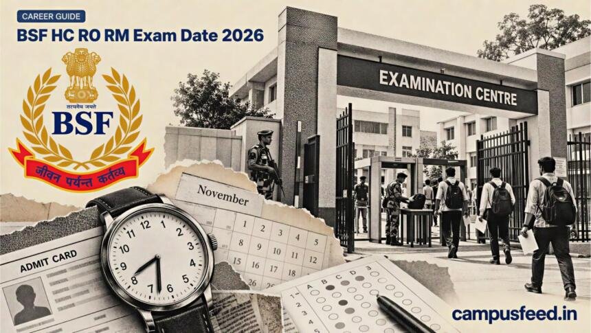 BSF HC RO RM exam date 2026 illustrated with a halftone examination centre entrance, Border Security Force emblem, admit card and clock
