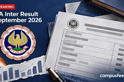 CA Inter result September 2026 editorial collage featuring an ICAI emblem and halftone scorecard with blurred marks against a navy background