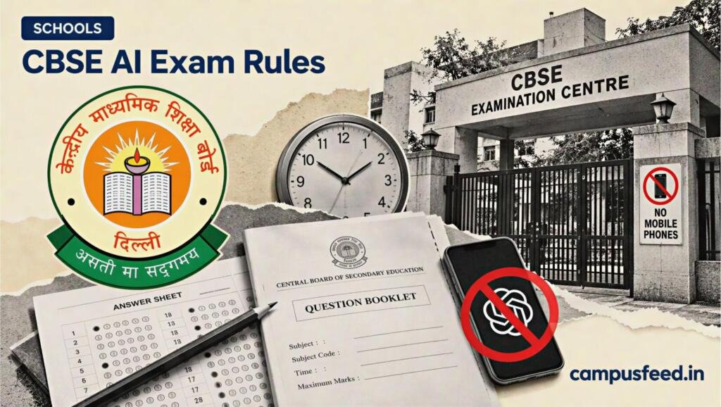 CBSE AI exam rules illustrated through a halftone examination hall entrance with prohibited electronic devices, an official CBSE emblem and exam documents