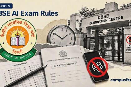 CBSE AI exam rules illustrated through a halftone examination hall entrance with prohibited electronic devices, an official CBSE emblem and exam documents