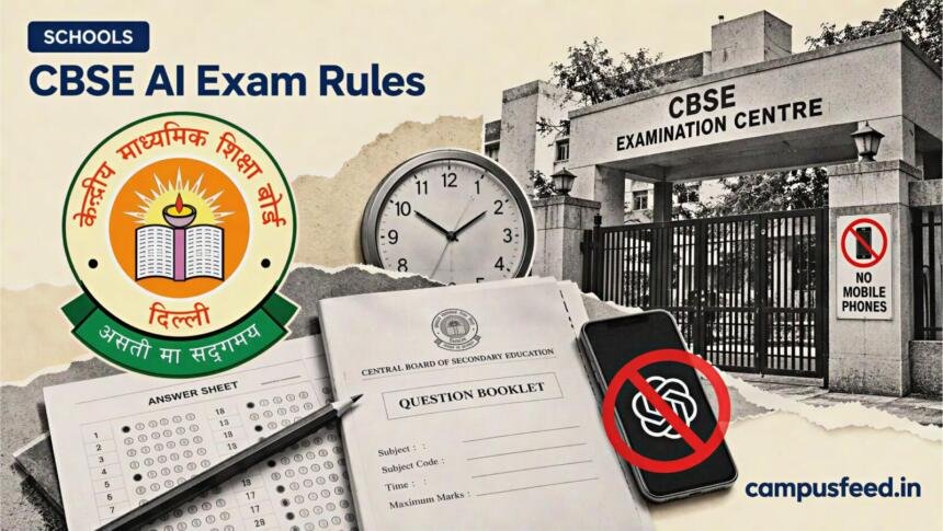 CBSE AI exam rules illustrated through a halftone examination hall entrance with prohibited electronic devices, an official CBSE emblem and exam documents