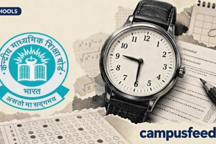 CBSE Date Sheet 2027 illustrated with a halftone wristwatch, examination papers, calendar fragments and the official CBSE emblem on a cream background