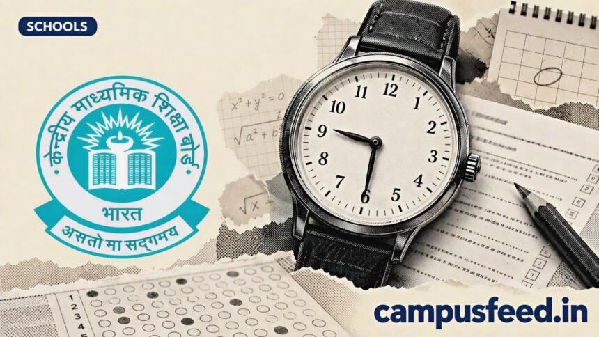 CBSE Date Sheet 2027 illustrated with a halftone wristwatch, examination papers, calendar fragments and the official CBSE emblem on a cream background