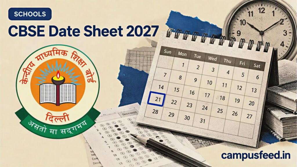 CBSE Date Sheet 2027 illustrated with a halftone examination calendar, official CBSE emblem, school clock and exam papers for Class 10 and 12