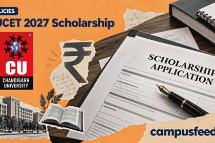 CUCET 2027 Scholarship editorial collage featuring a Chandigarh University scholarship application form, university emblem, fountain pen and admission documents in halftone style