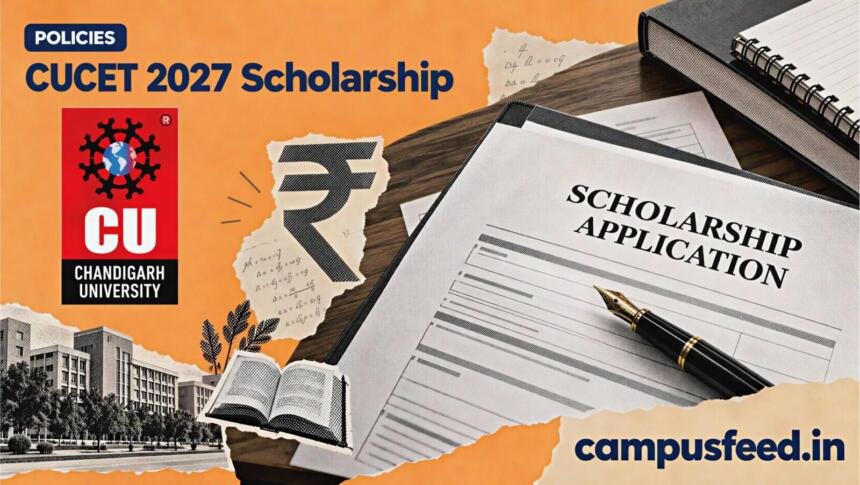 CUCET 2027 Scholarship editorial collage featuring a Chandigarh University scholarship application form, university emblem, fountain pen and admission documents in halftone style