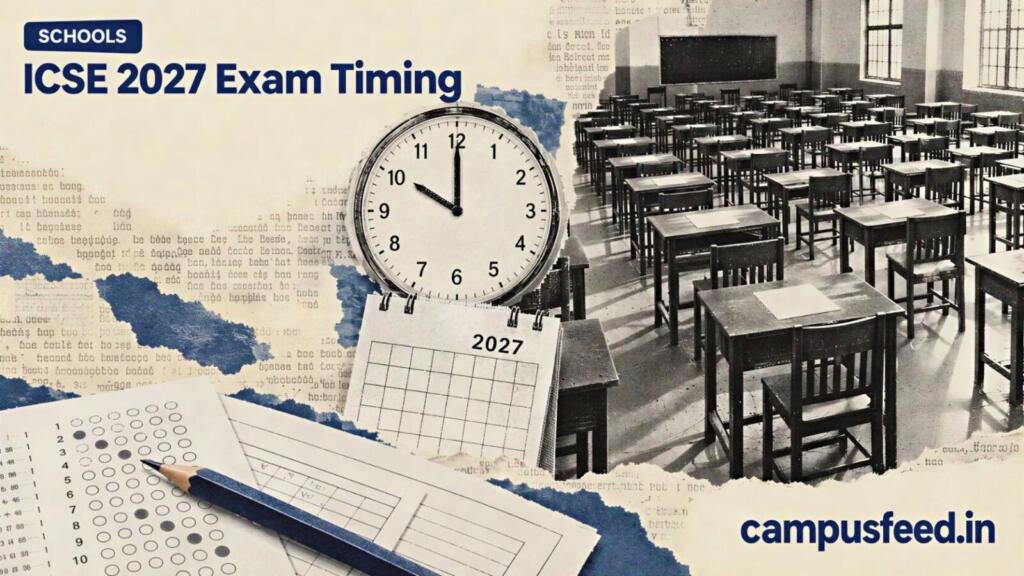 ICSE 2027 exam timing illustration featuring a halftone examination hall, official CISCE emblem, analog clock and calendar representing proposed Class 10 schedule changes