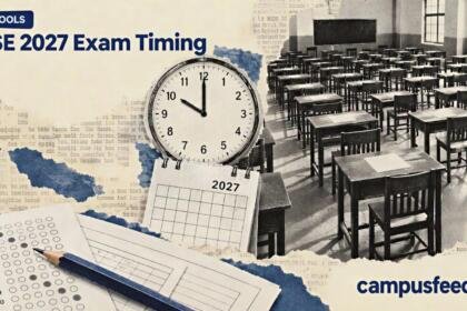 ICSE 2027 exam timing illustration featuring a halftone examination hall, official CISCE emblem, analog clock and calendar representing proposed Class 10 schedule changes