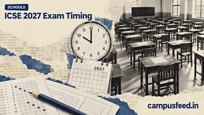 ICSE 2027 exam timing illustration featuring a halftone examination hall, official CISCE emblem, analog clock and calendar representing proposed Class 10 schedule changes
