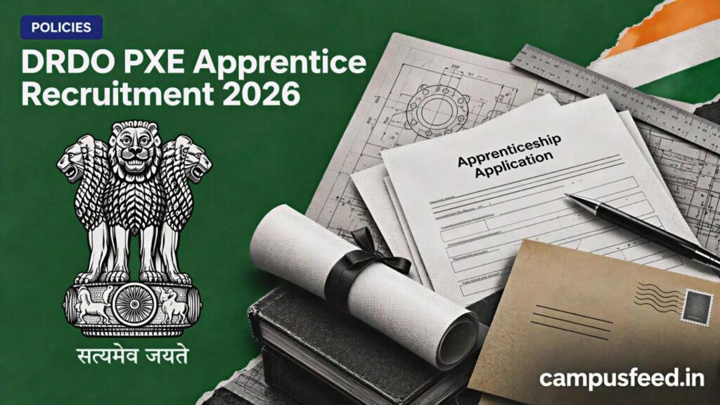 DRDO PXE Apprentice Recruitment 2026 editorial collage featuring the Government of India emblem, apprenticeship documents and engineering training context in Chandipur