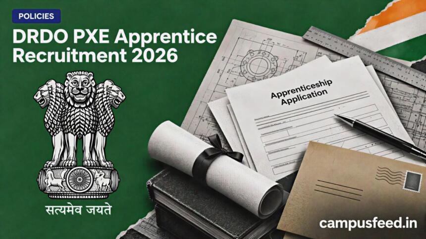 DRDO PXE Apprentice Recruitment 2026: 50 Posts, Apply by Oct 12 1 DRDO PXE Apprentice Recruitment 2026 editorial collage featuring the Government of India emblem, apprenticeship documents and engineering training context in Chandipur