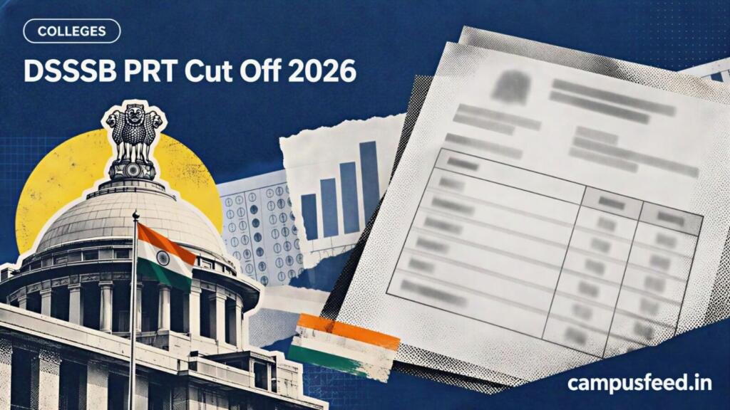 DSSSB PRT cut off 2026 result announcement illustrated with a halftone teacher recruitment scorecard, Delhi examination authority insignia and category-wise selection graphics