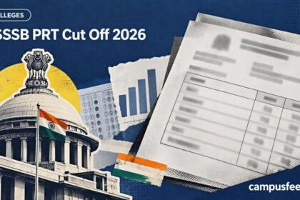 DSSSB PRT cut off 2026 result announcement illustrated with a halftone teacher recruitment scorecard, Delhi examination authority insignia and category-wise selection graphics