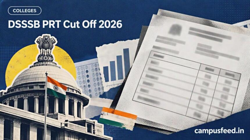 DSSSB PRT cut off 2026 result announcement illustrated with a halftone teacher recruitment scorecard, Delhi examination authority insignia and category-wise selection graphics