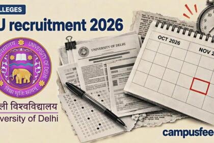DU recruitment 2026 editorial illustration featuring the University of Delhi emblem, halftone recruitment calendar, official application documents and examination materials for 126 non-teaching posts