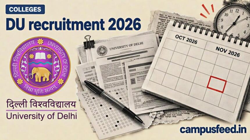 DU recruitment 2026 editorial illustration featuring the University of Delhi emblem, halftone recruitment calendar, official application documents and examination materials for 126 non-teaching posts