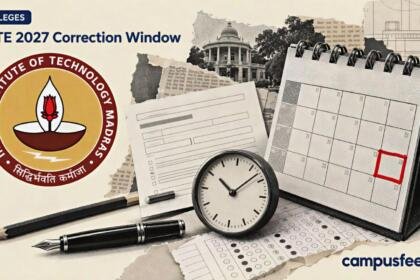 GATE 2027 correction window editorial collage featuring an IIT Madras emblem, highlighted calendar deadline, application form and stationery in halftone style