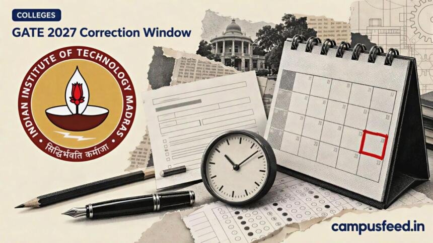 GATE 2027 correction window editorial collage featuring an IIT Madras emblem, highlighted calendar deadline, application form and stationery in halftone style