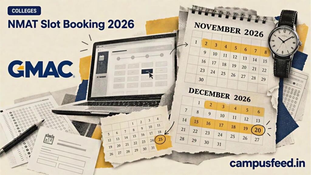 NMAT slot booking 2026 deadline illustrated with a halftone calendar, computer-based test scheduling screen and GMAC exam registration materials
