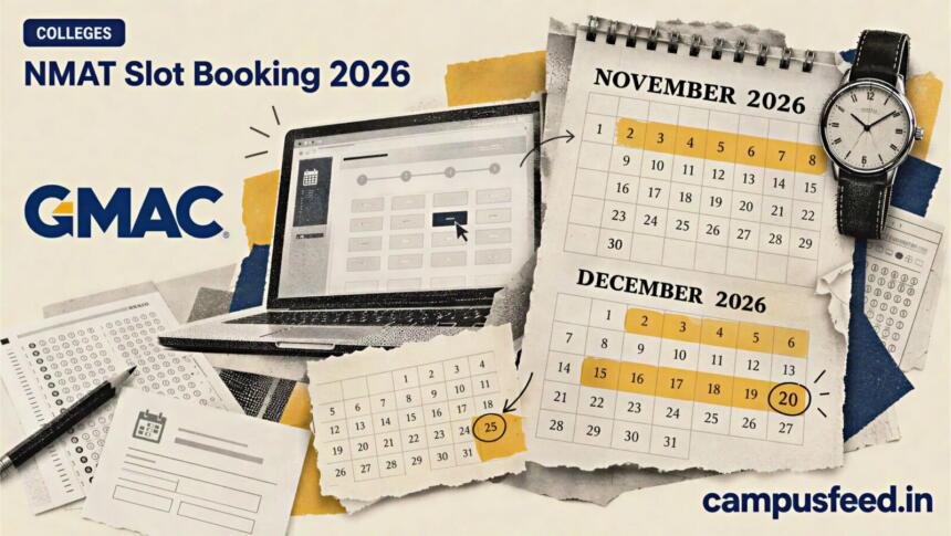 NMAT slot booking 2026 deadline illustrated with a halftone calendar, computer-based test scheduling screen and GMAC exam registration materials