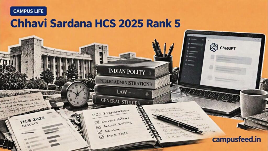 Editorial halftone collage illustrating Chhavi Sardana HCS 2025 Rank 5 with Haryana Civil Services study materials, ChatGPT-assisted preparation and a law textbook