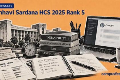 Editorial halftone collage illustrating Chhavi Sardana HCS 2025 Rank 5 with Haryana Civil Services study materials, ChatGPT-assisted preparation and a law textbook